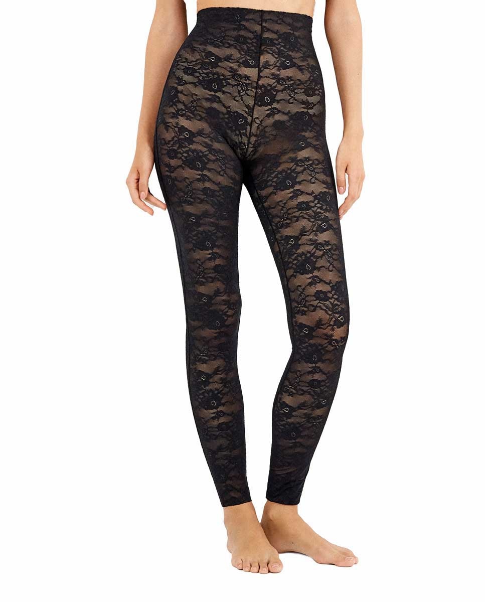 Legging largo de mujer moldeador de encaje floral - Gisela - Negro Negro-1