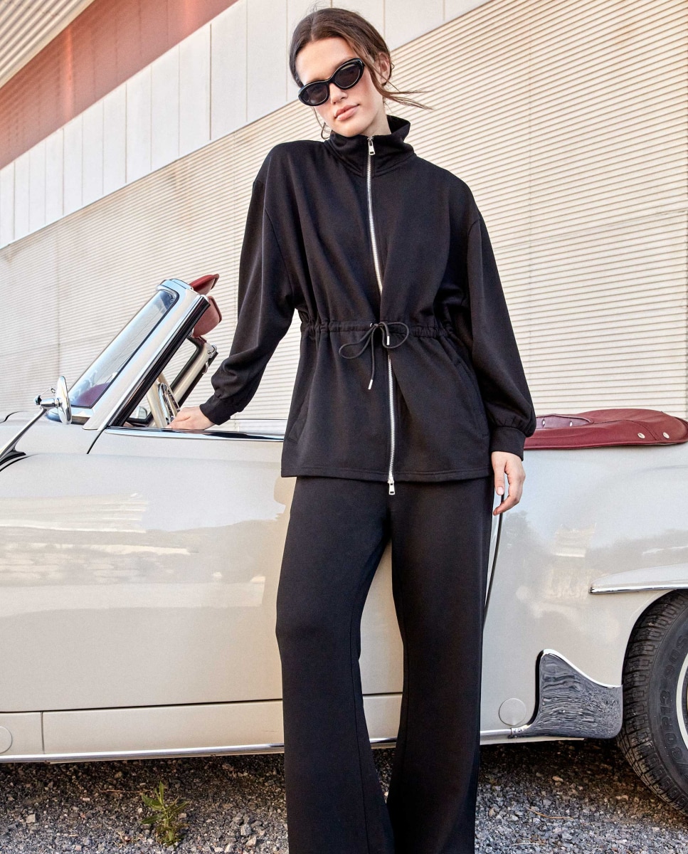 Chaqueta larga de mujer felpa con cinturilla ajustable - Gisela - Negro Negro-1