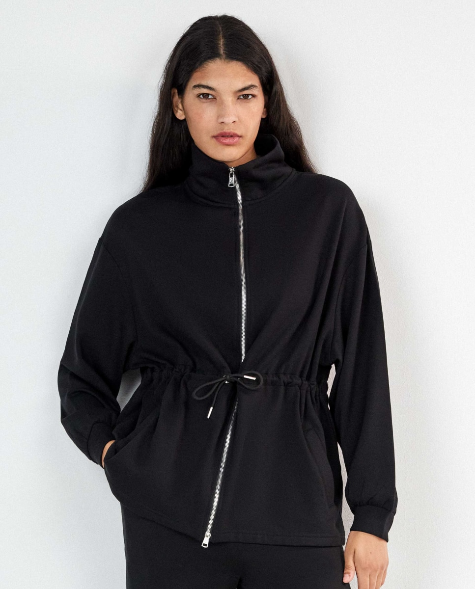 Chaqueta larga de mujer felpa con cinturilla ajustable - Gisela - Negro Negro-2