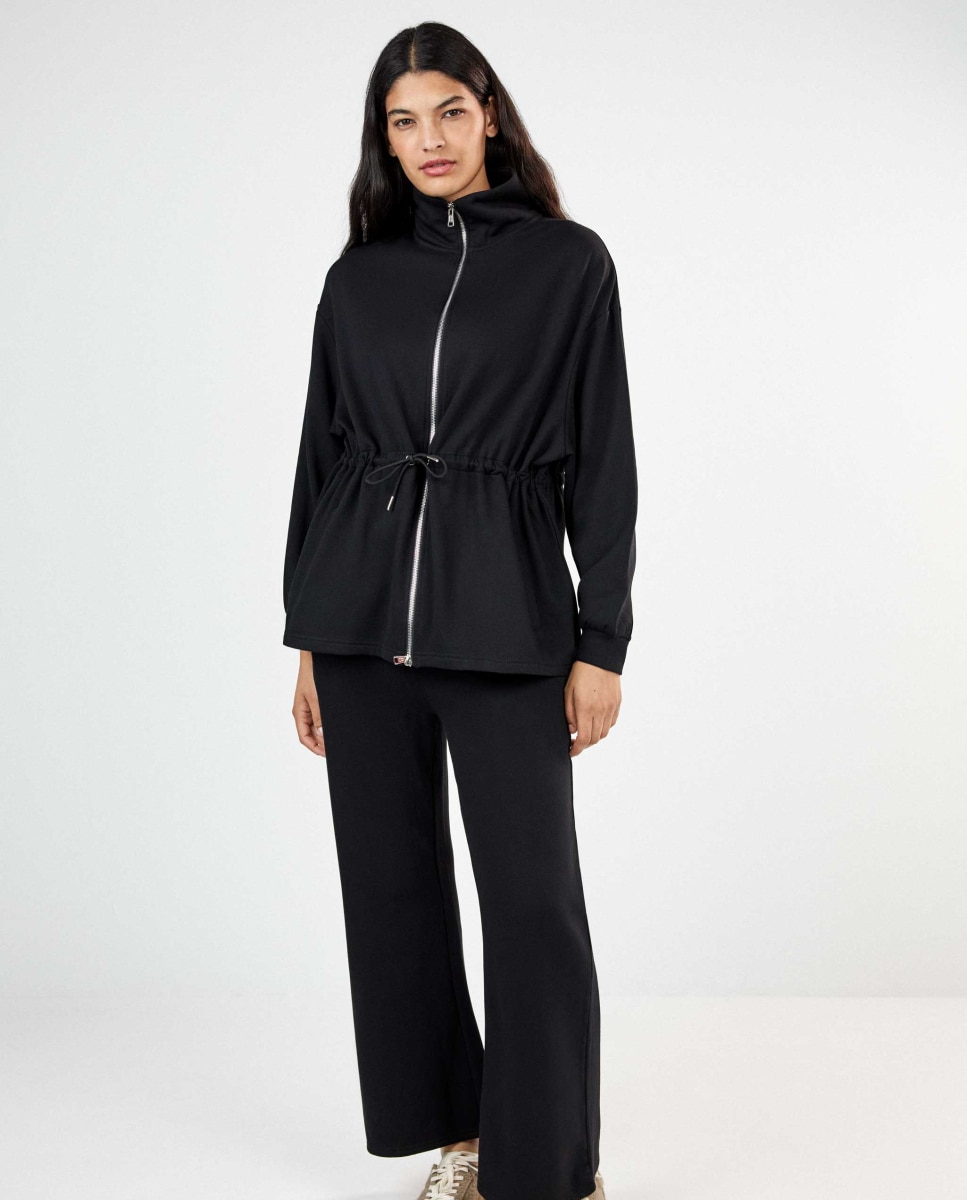 Chaqueta larga de mujer felpa con cinturilla ajustable - Gisela - Negro Negro-3