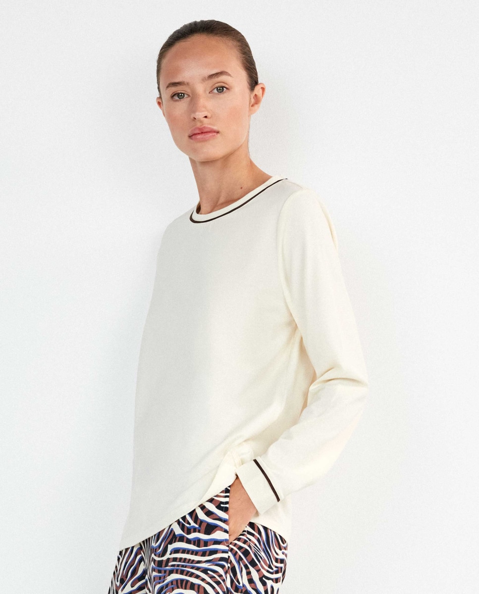 Camiseta de manga larga de mujer con vivos a contraste - Gisela - Beige Beige-2