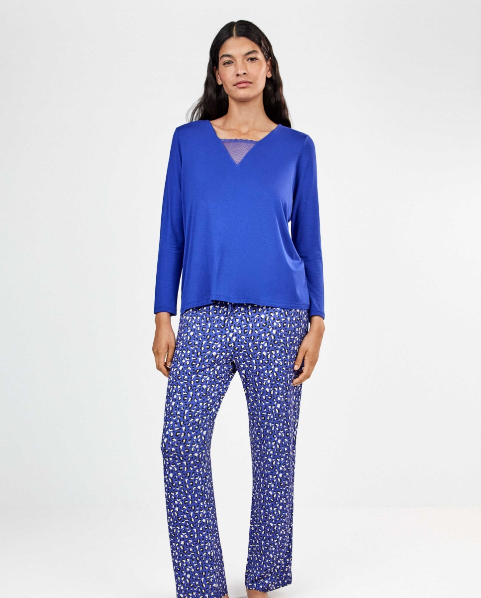 Camiseta de manga largade mujer escote pico con encaje - Gisela - Azul Azul-2