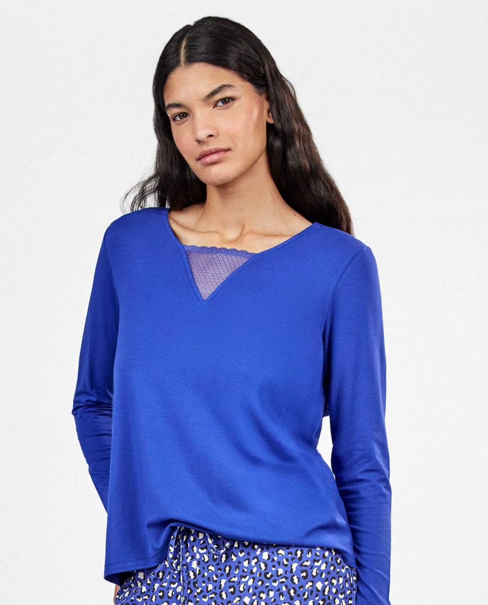 Camiseta de manga largade mujer escote pico con encaje - Gisela - Azul Azul-3