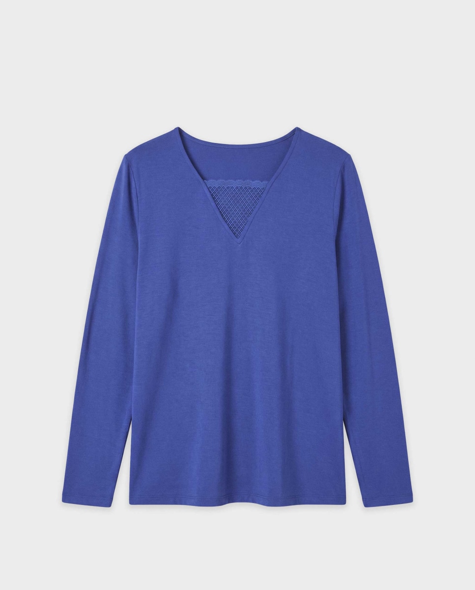 Camiseta de manga largade mujer escote pico con encaje - Gisela - Azul Azul-5
