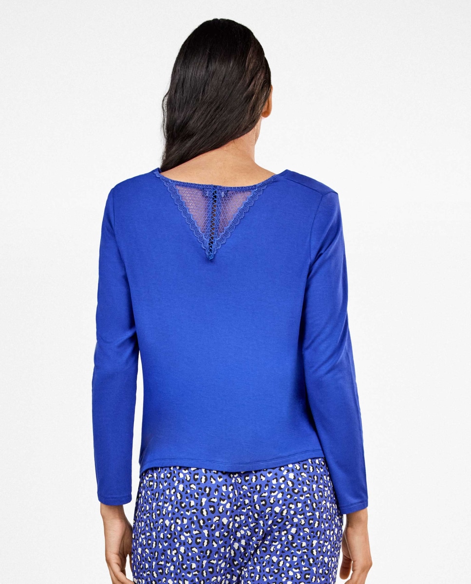 Camiseta de manga largade mujer escote pico con encaje - Gisela - Azul Azul-4