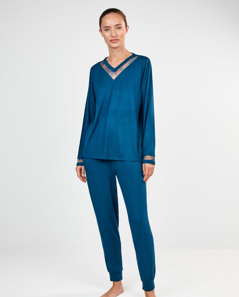 Pijama largo de mujer con detalle de encaje - Gisela - Azul Azul-1