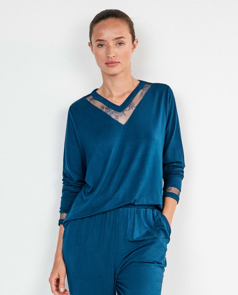 Pijama largo de mujer con detalle de encaje - Gisela - Azul Azul-2