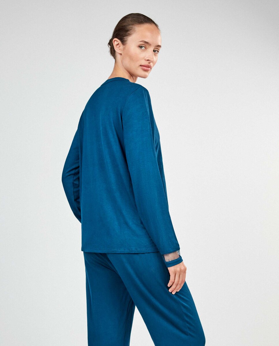 Pijama largo de mujer con detalle de encaje - Gisela - Azul Azul-3