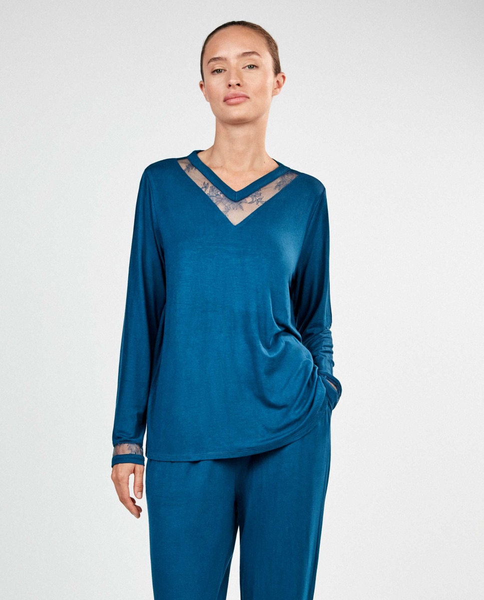 Pijama largo de mujer con detalle de encaje - Gisela - Azul Azul-4
