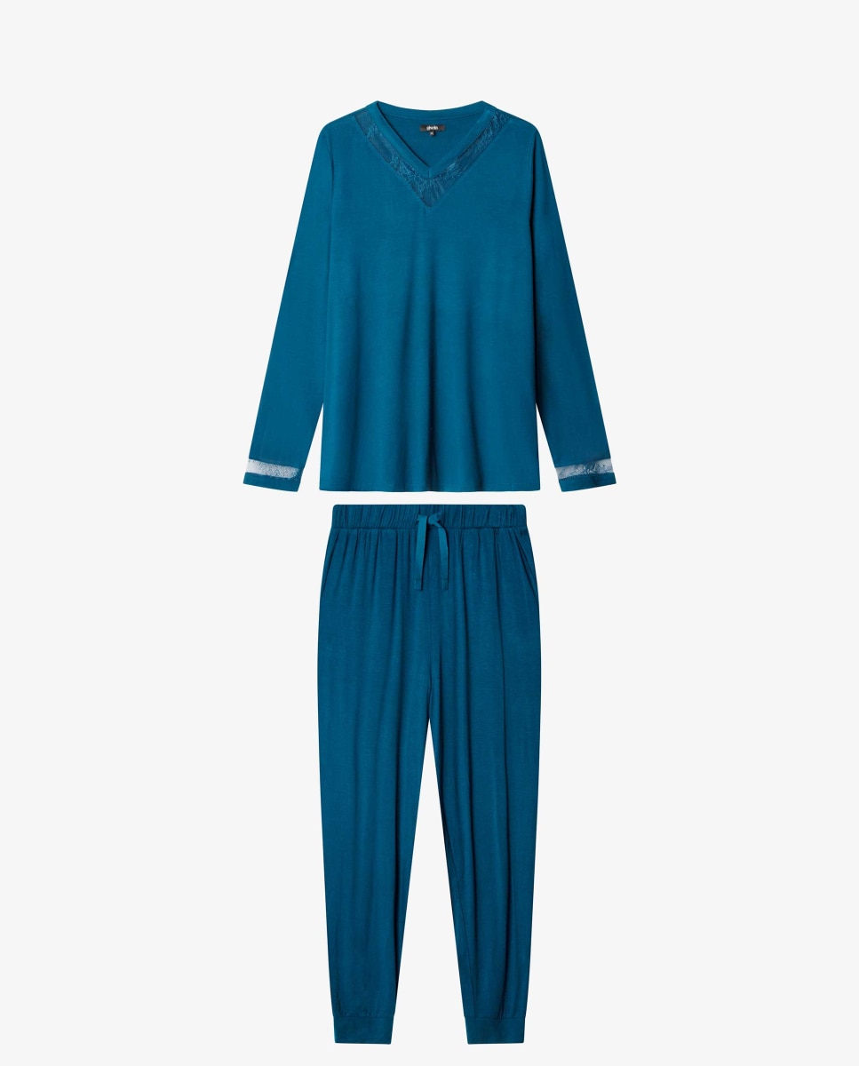 Pijama largo de mujer con detalle de encaje - Gisela - Azul Azul-5