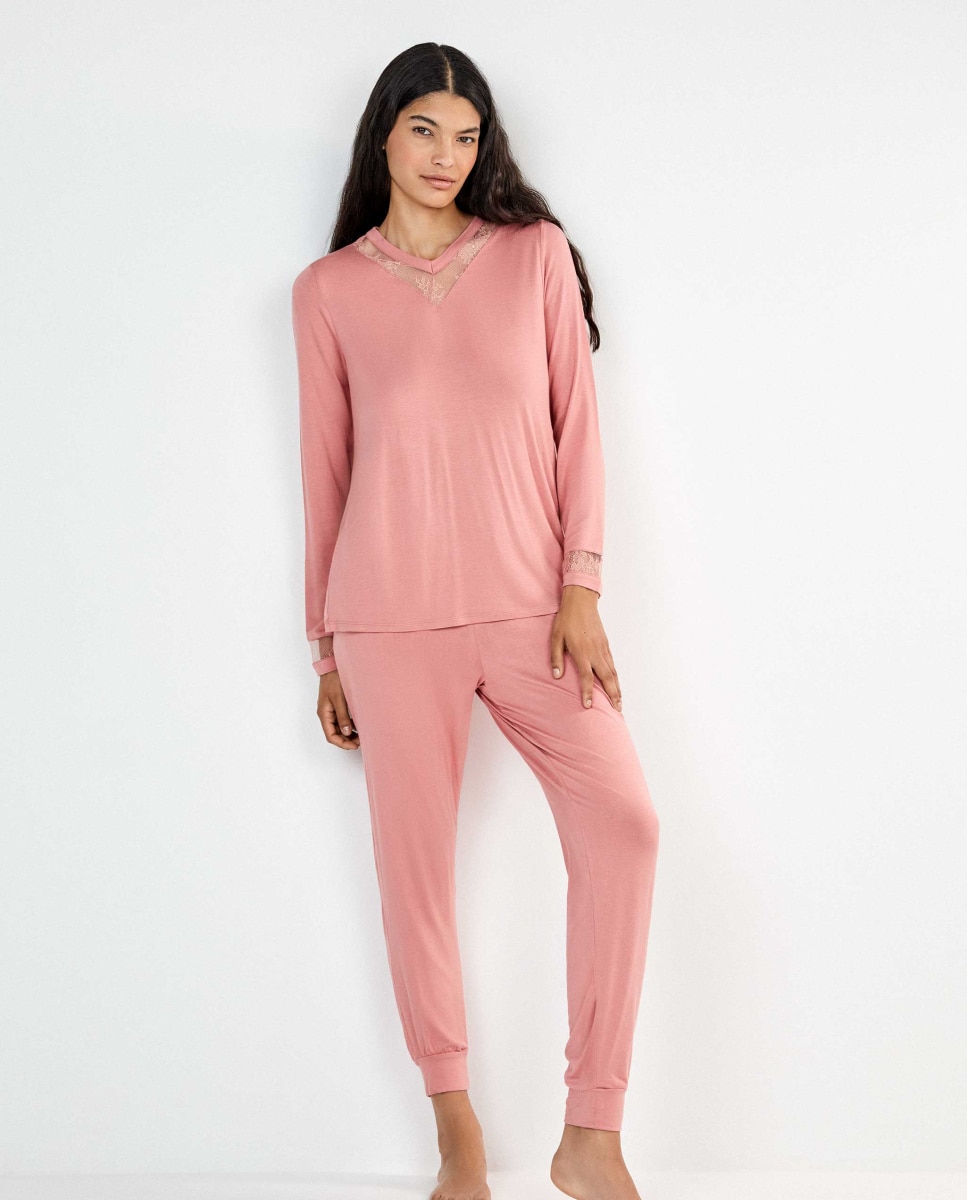 Pijama largo de mujer con detalle de encaje - Gisela - Rosa Rosa-1