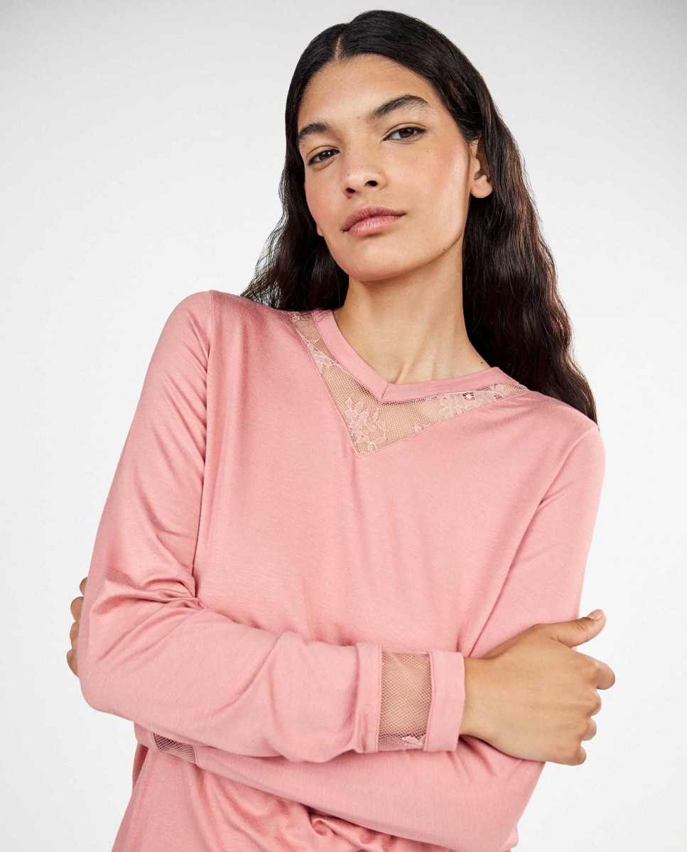 Pijama largo de mujer con detalle de encaje - Gisela - Rosa Rosa-2