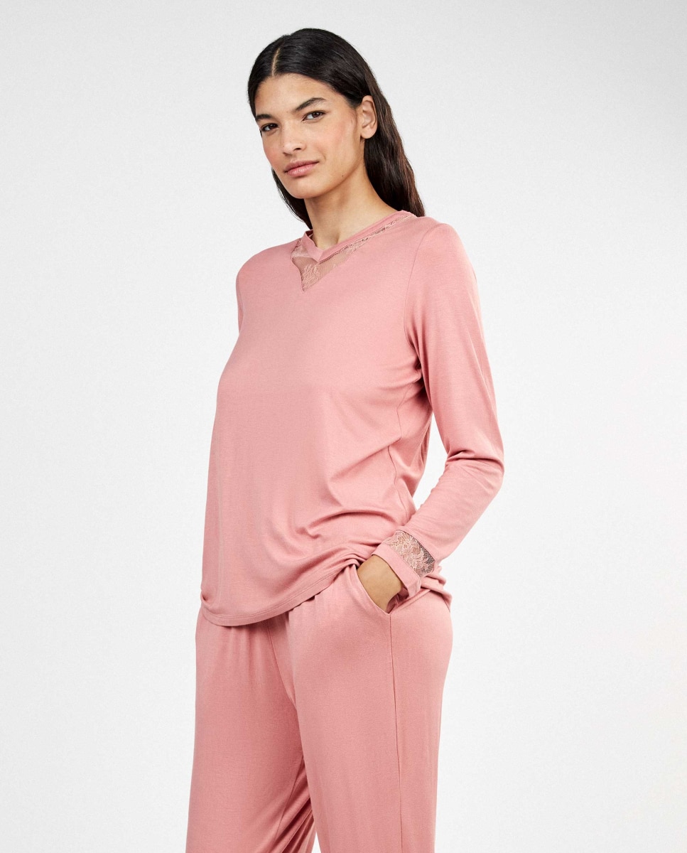 Pijama largo de mujer con detalle de encaje - Gisela - Rosa Rosa-3