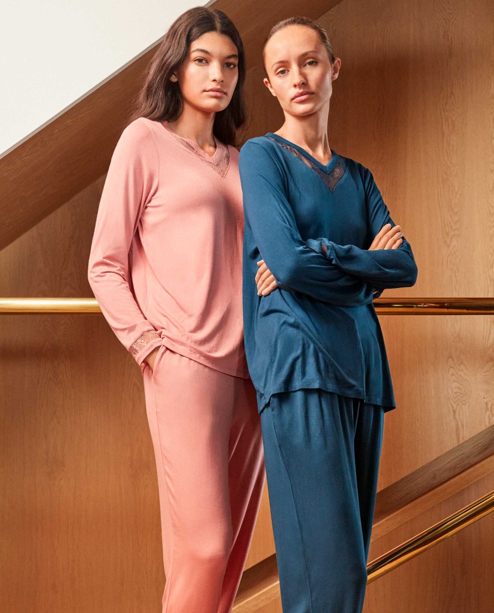 Pijama largo de mujer con detalle de encaje - Gisela - Rosa Rosa-5