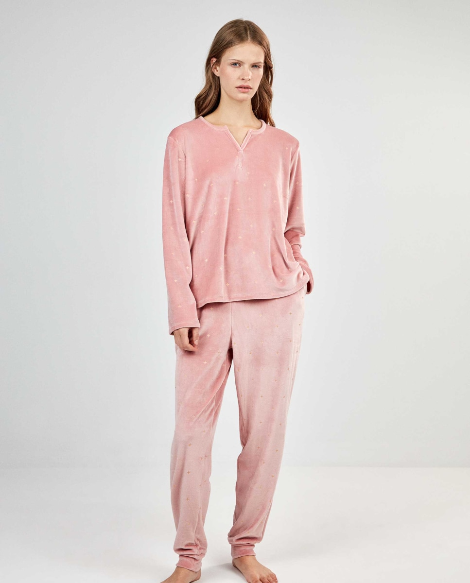 Pijama de mujer tejido polar elástico en glitter - Gisela - Rosa Rosa-1