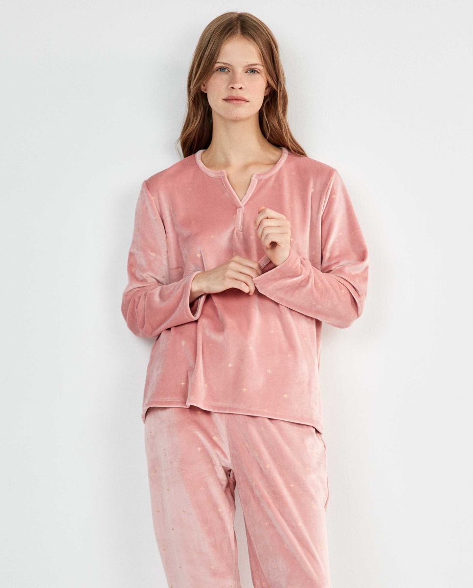 Pijama de mujer tejido polar elástico en glitter - Gisela - Rosa Rosa-2