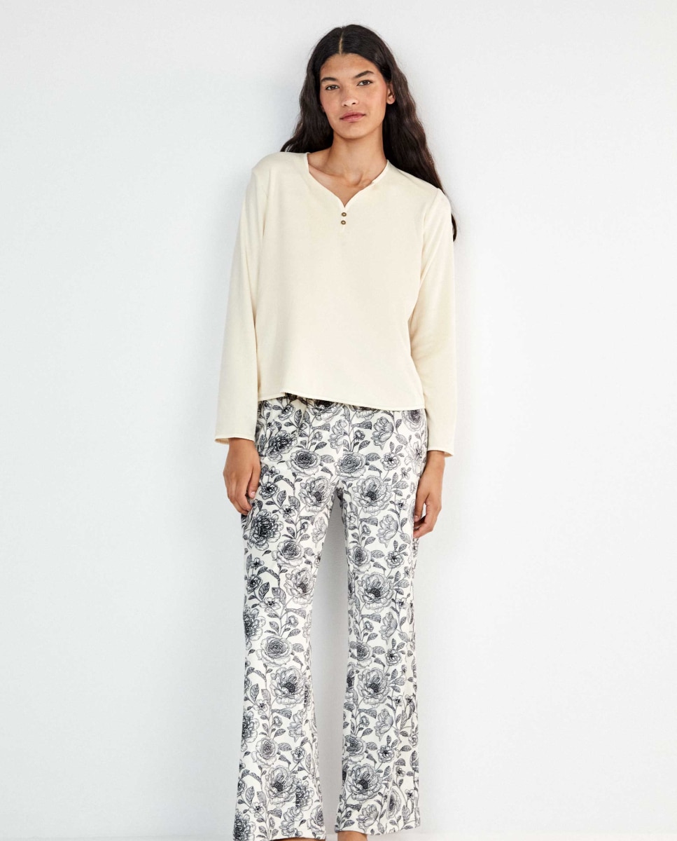 Pijama largo de mujer con pantalón a contraste. - Gisela - Beige Beige-1