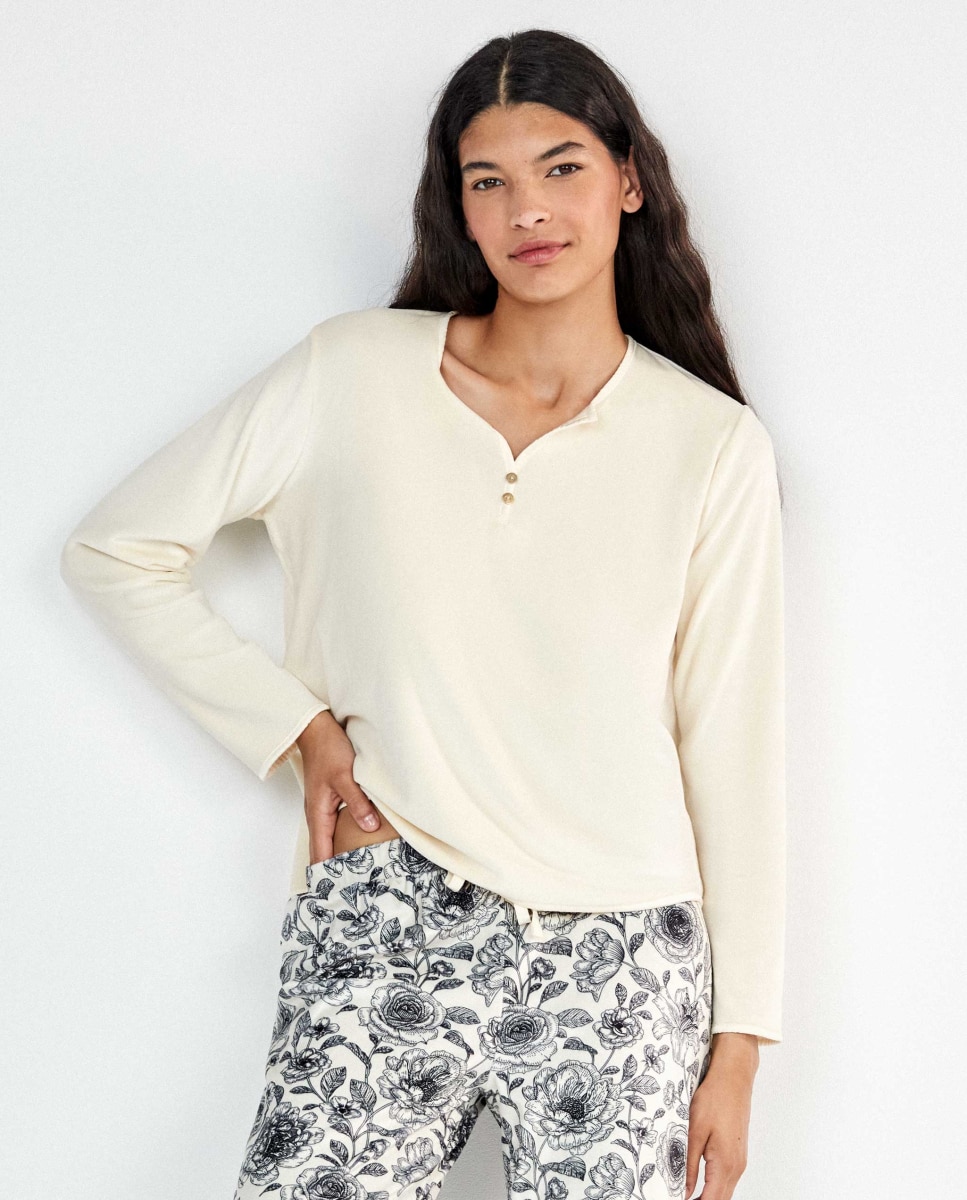 Pijama largo de mujer con pantalón a contraste. - Gisela - Beige Beige-2