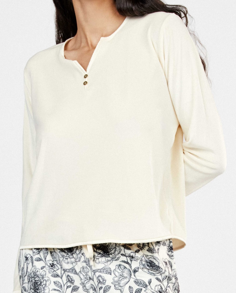 Pijama largo de mujer con pantalón a contraste. - Gisela - Beige Beige-3