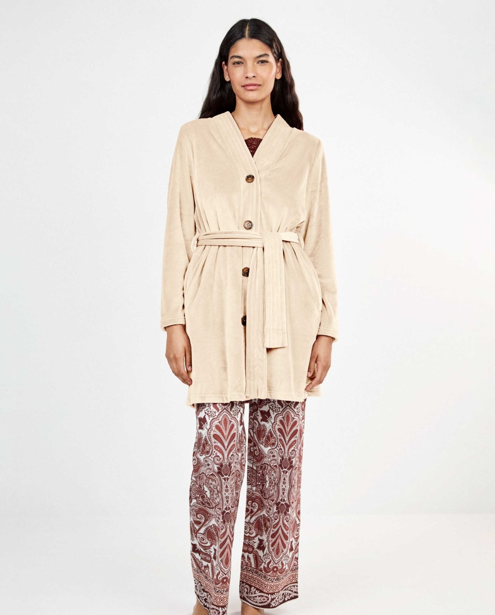 Bata de mujer corta de polar con cinturón - Gisela - Beige Beige-1