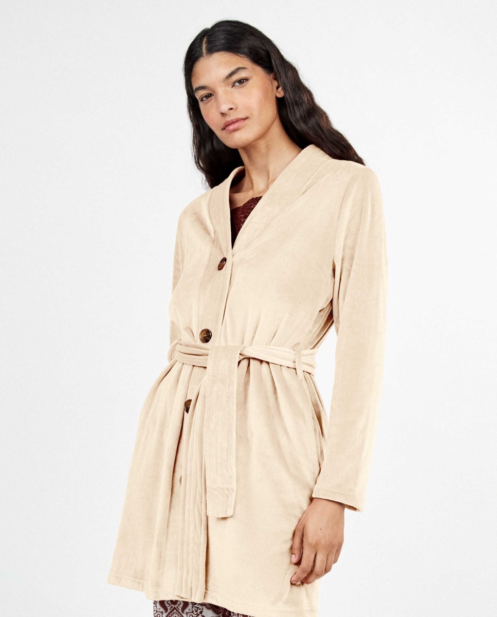 Bata de mujer corta de polar con cinturón - Gisela - Beige Beige-2