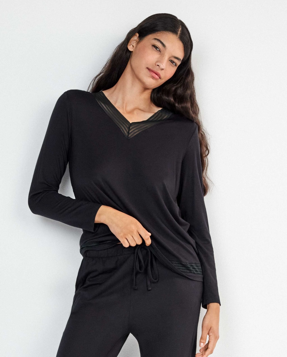 Pijama largo de mujer con detalle de galones - Gisela - Negro Negro-2