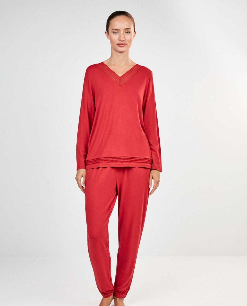 Pijama largo de mujer con detalle de galones - Gisela - Rojo Rojo-1