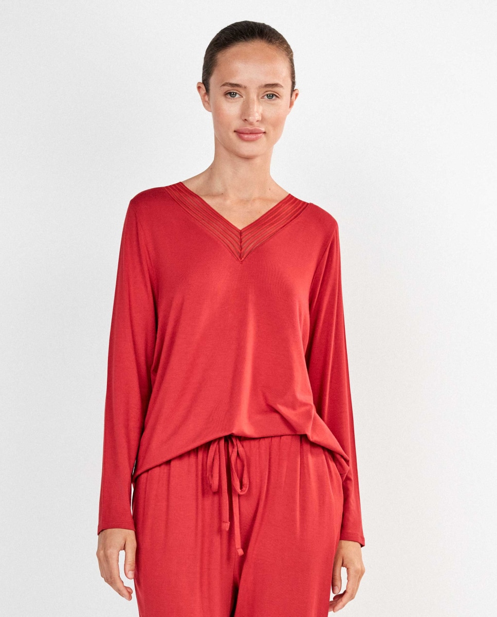 Pijama largo de mujer con detalle de galones - Gisela - Rojo Rojo-2