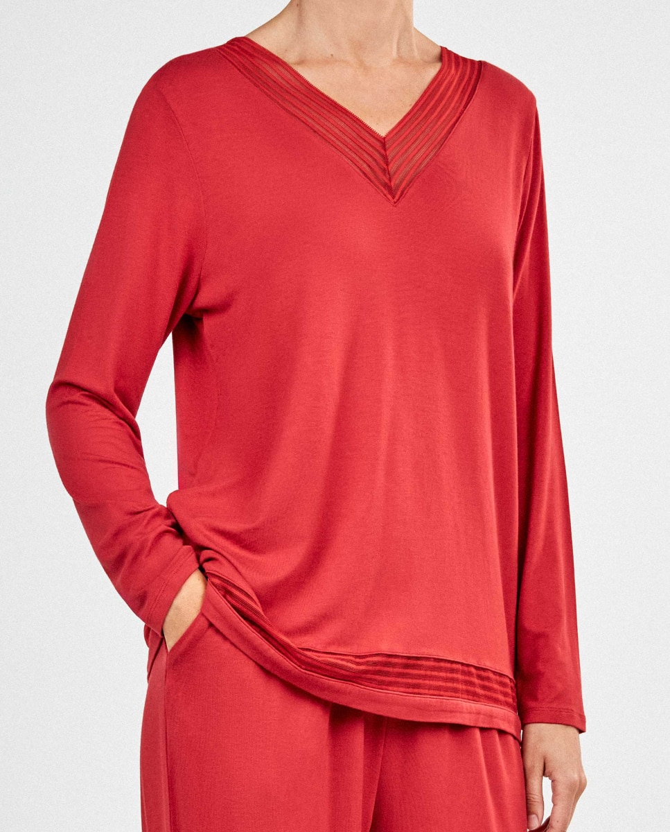 Pijama largo de mujer con detalle de galones - Gisela - Rojo Rojo-4
