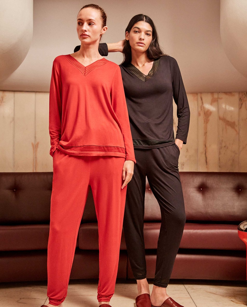 Pijama largo de mujer con detalle de galones - Gisela - Rojo Rojo-5