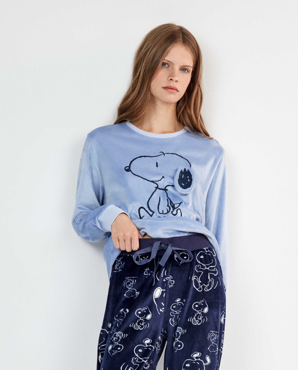 Pijama largo de mujer snoopy con pantalón a contraste - Gisela - Azul Azul-2