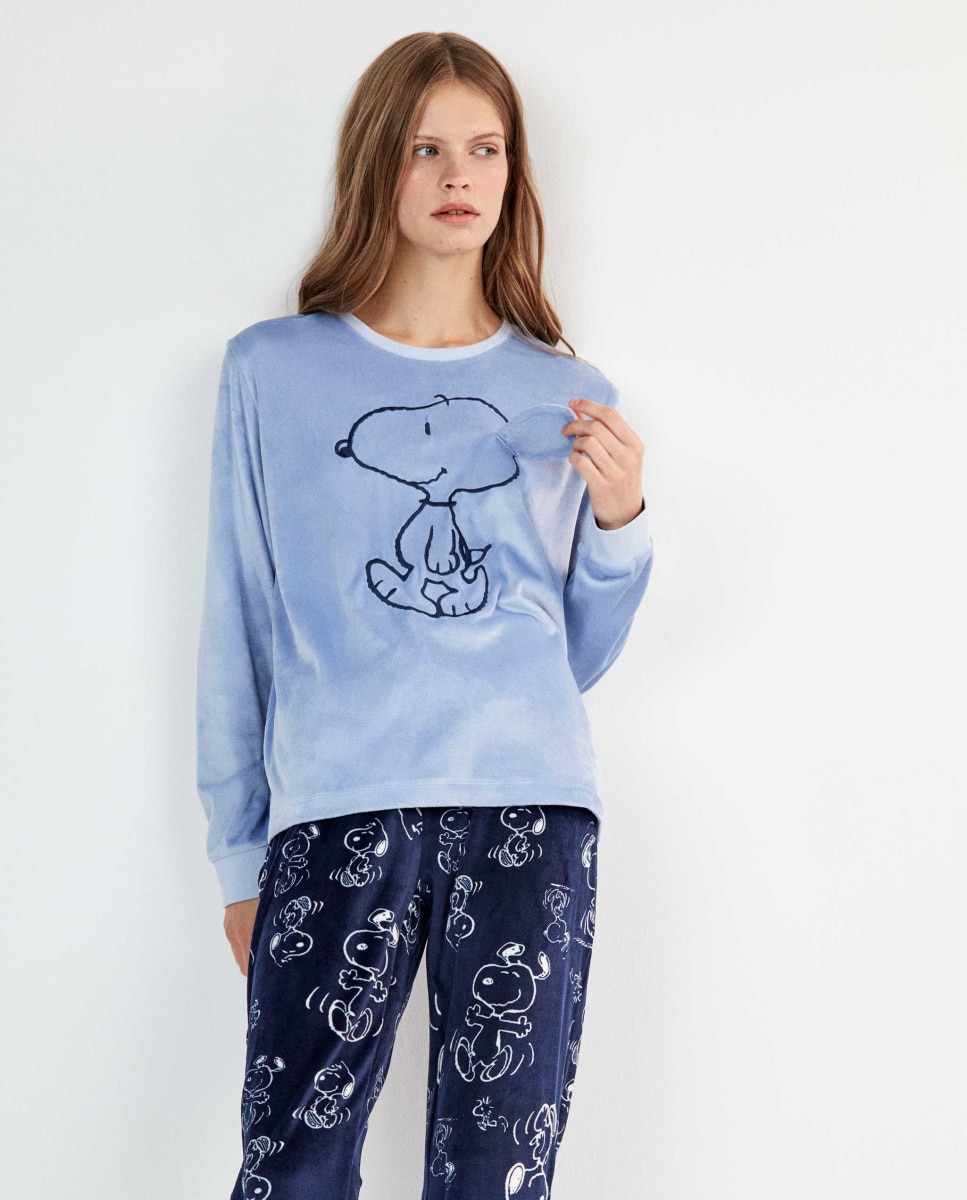 Pijama largo de mujer snoopy con pantalón a contraste - Gisela - Azul Azul-3