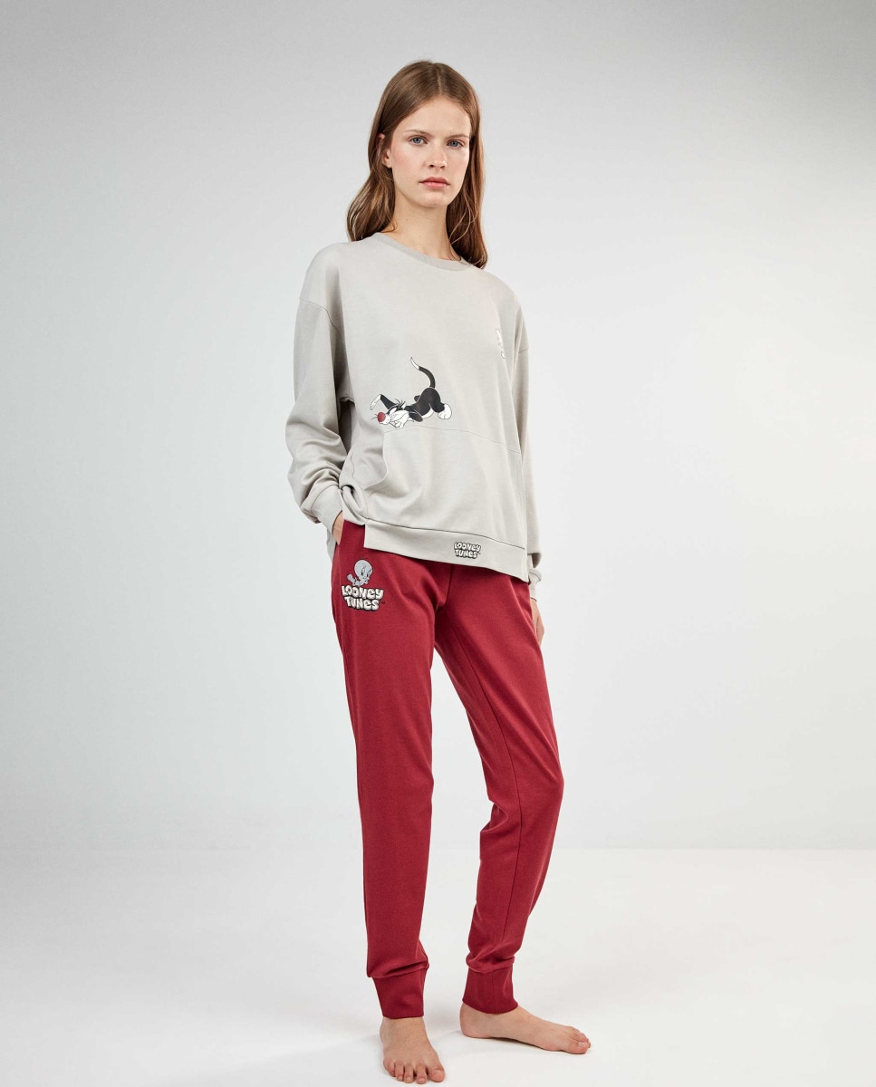 Pijama largo de mujer looney tunes silvestre - Gisela - Gris Gris-1