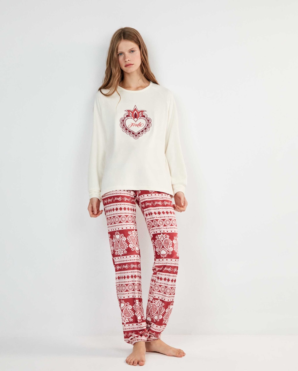 Pijama largo de mujer frida kahlo en tejido polar elástico - Gisela - Beige Beige-1