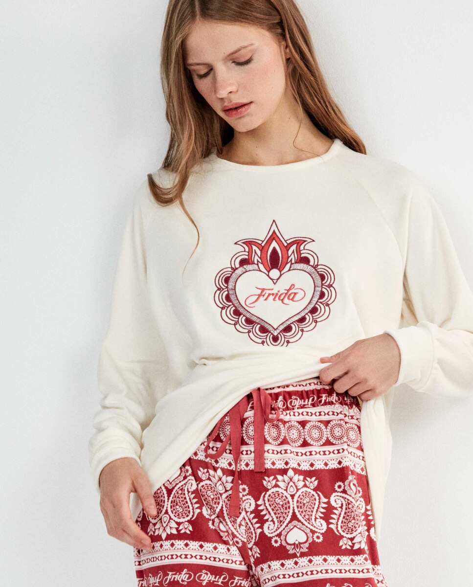 Pijama largo de mujer frida kahlo en tejido polar elástico - Gisela - Beige Beige-2