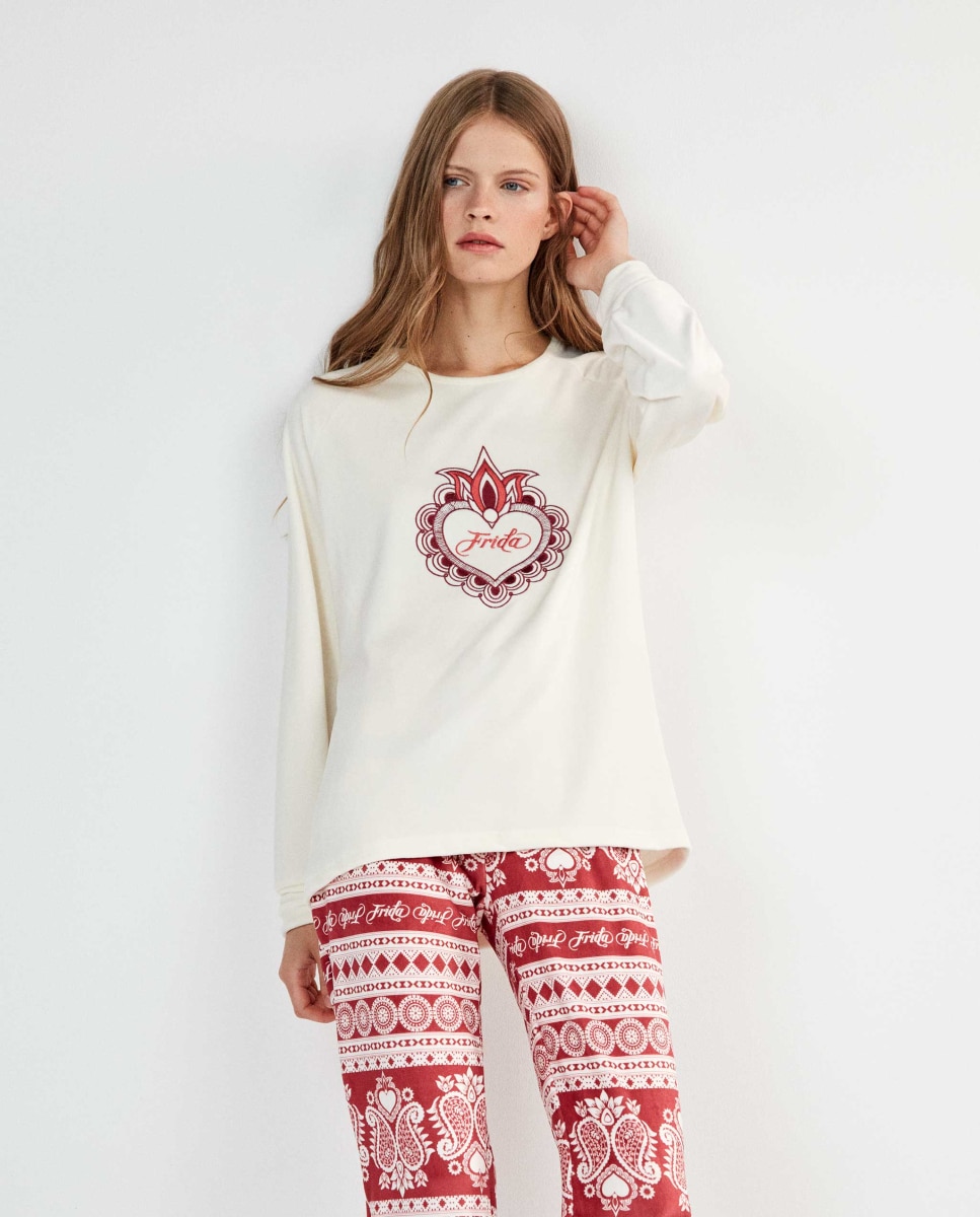 Pijama largo de mujer frida kahlo en tejido polar elástico - Gisela - Beige Beige-3