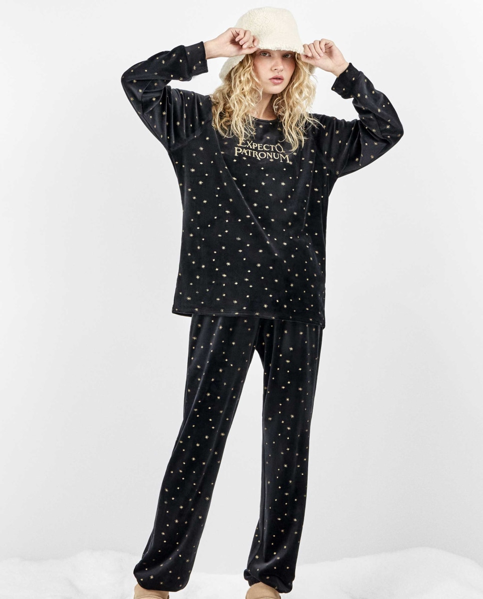 Pijama largo de mujer harry potter con efecto glitter - Gisela - Negro Negro-1
