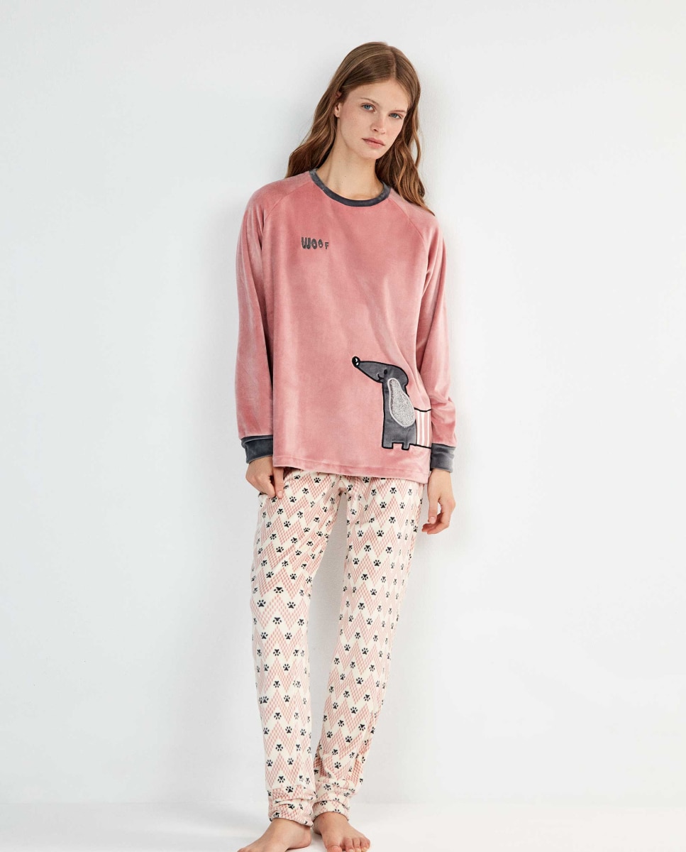 Pijama largo de mujer tejido polar elástico - Gisela - Rosa Rosa-1