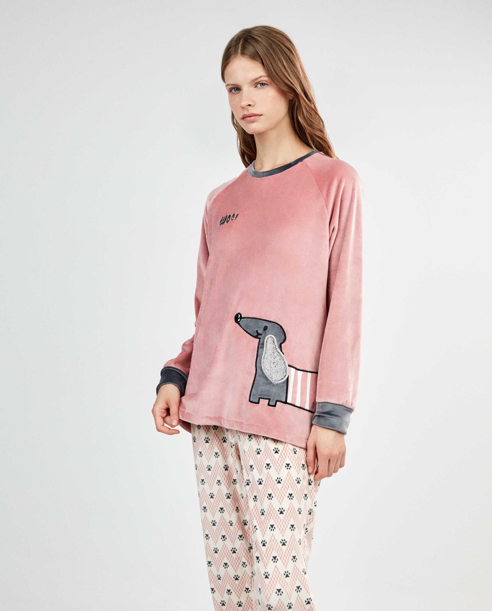 Pijama largo de mujer tejido polar elástico - Gisela - Rosa Rosa-3