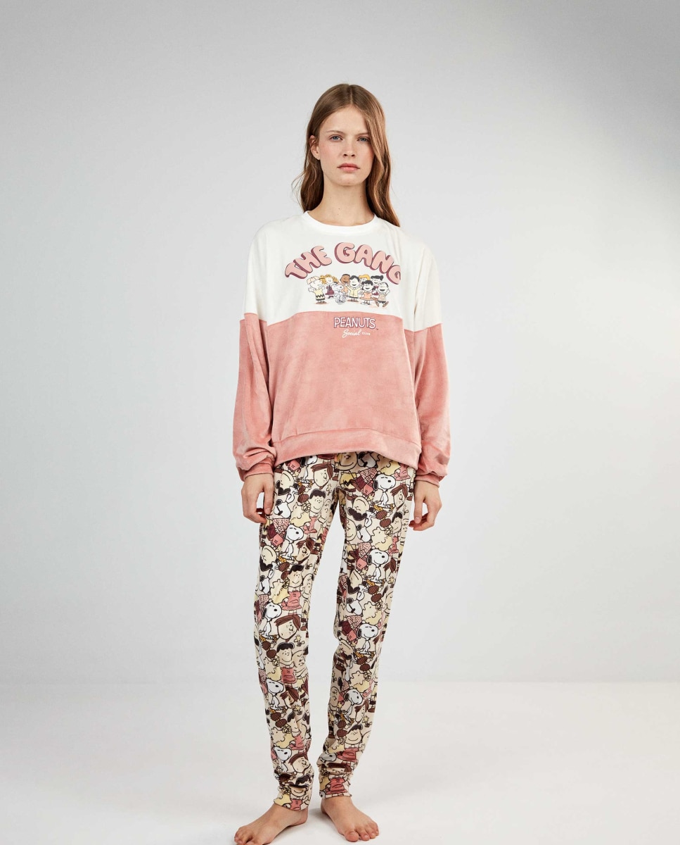 Pijama largo de mujer snoopy en tejido polar elástico - Gisela - Crudo Crudo-1
