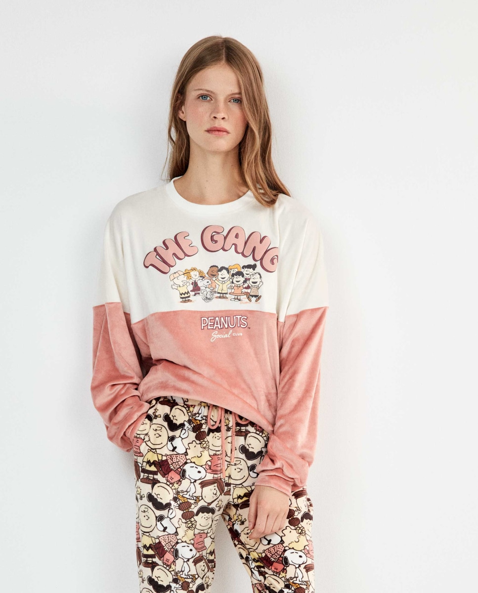 Pijama largo de mujer snoopy en tejido polar elástico - Gisela - Crudo Crudo-2