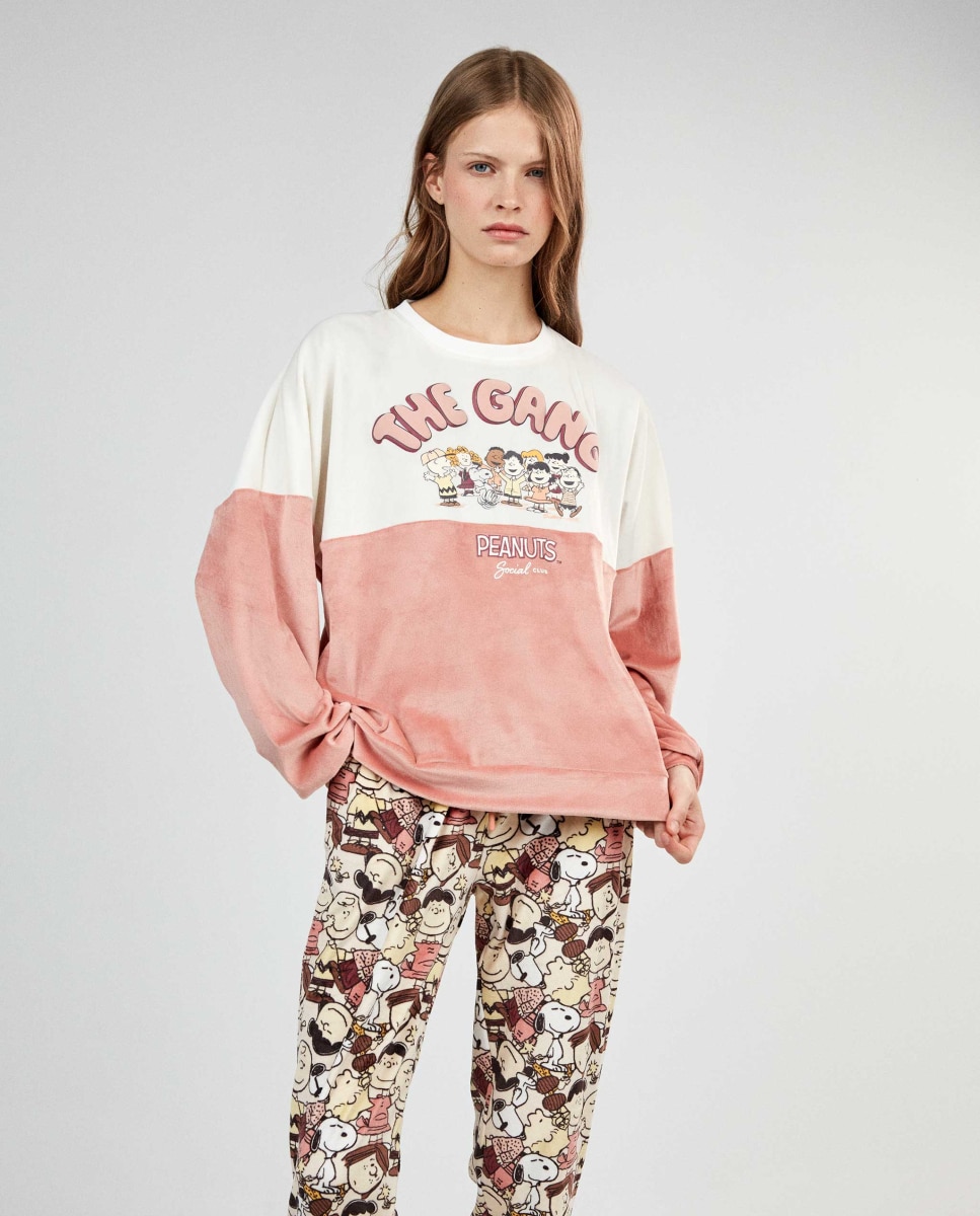 Pijama largo de mujer snoopy en tejido polar elástico - Gisela - Crudo Crudo-3