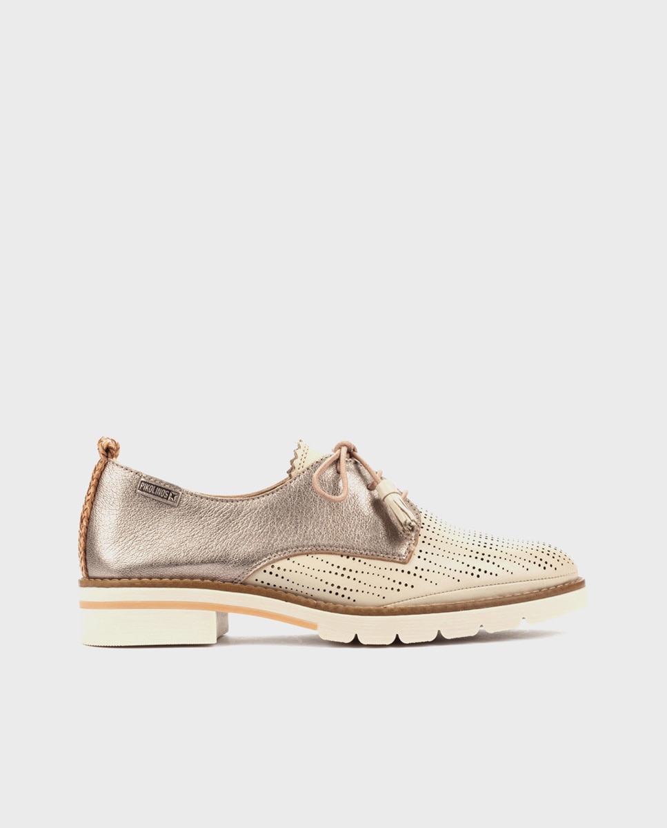 Pikolinos - Zapatos de cordones de mujer de piel con plantilla extraíble en color crema.