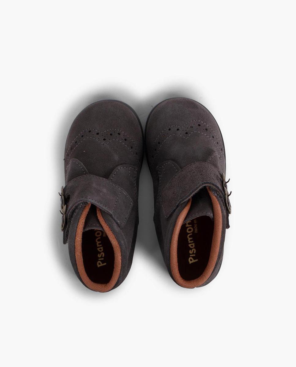 Imagen 5 de Botas de bebé niño de piel serraje y tira adherente con adorno de hebillas en marino - Pisamonas - Gris oscuro Gris oscuro