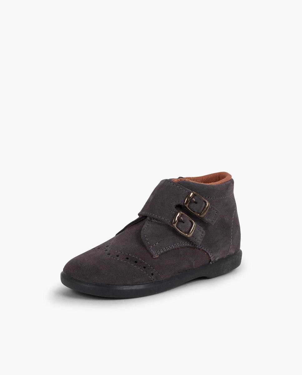 Pisamonas - Botas de bebé niño de piel serraje y tira adherente con adorno de hebillas en marino.