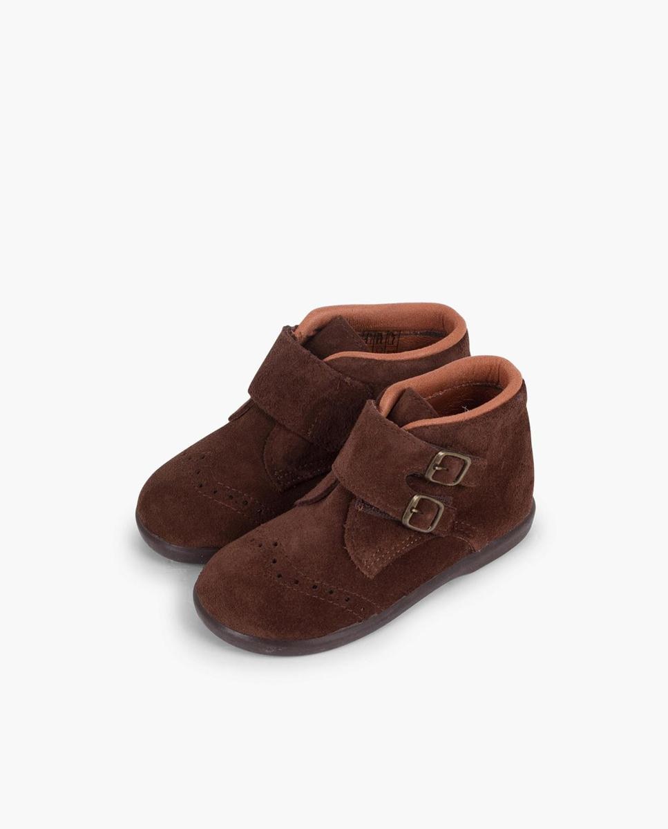 Imagen 4 de Botas de bebé niño de piel serraje y tira adherente con adorno de hebillas en marino - Pisamonas - Marrón Marrón