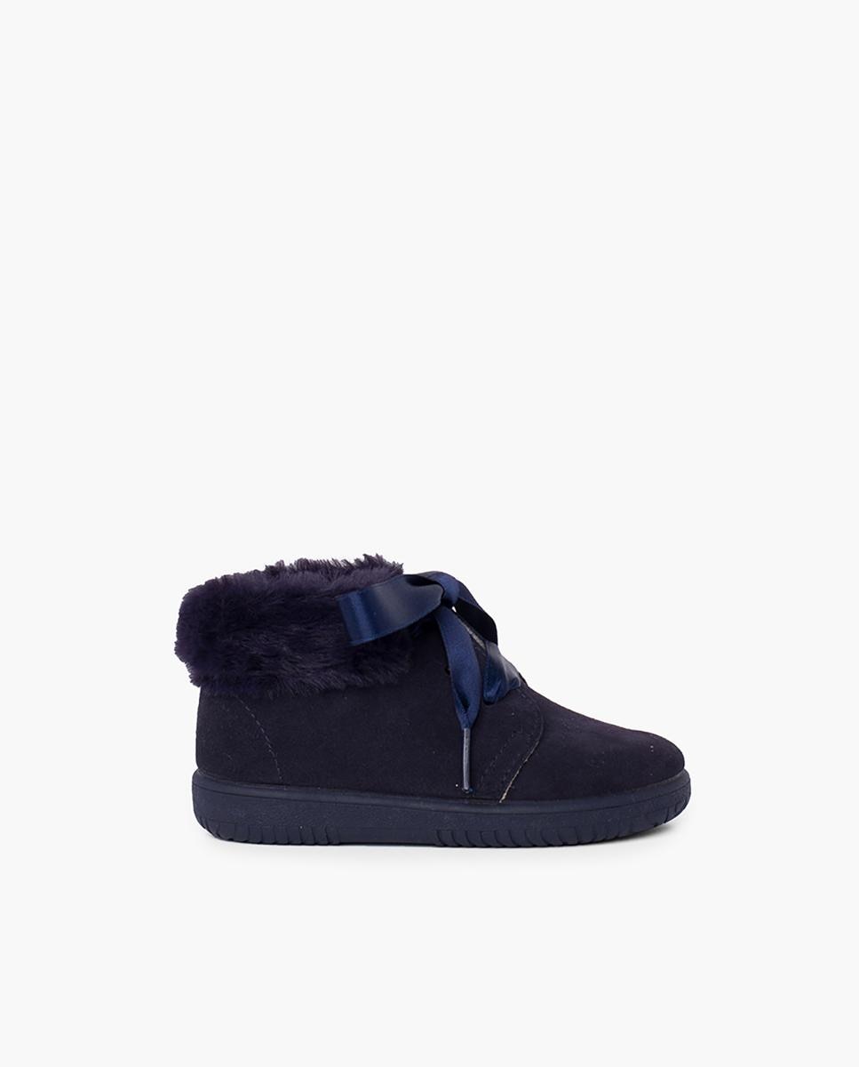 Botas de bebé niña en piel serraje con collarín de pelito - Pisamonas - Azul marino Azul marino-1