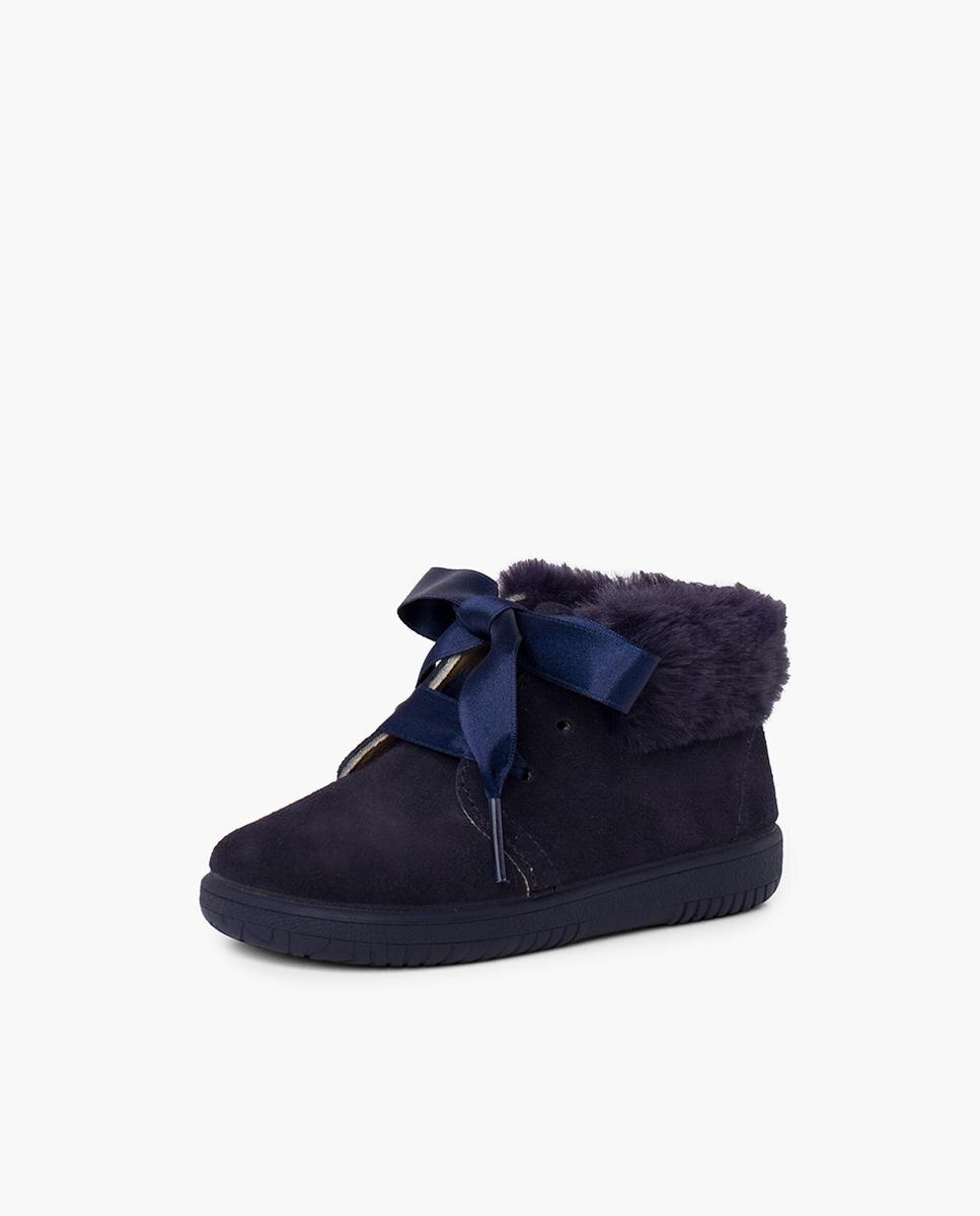 Botas de bebé niña en piel serraje con collarín de pelito - Pisamonas - Azul marino Azul marino-2