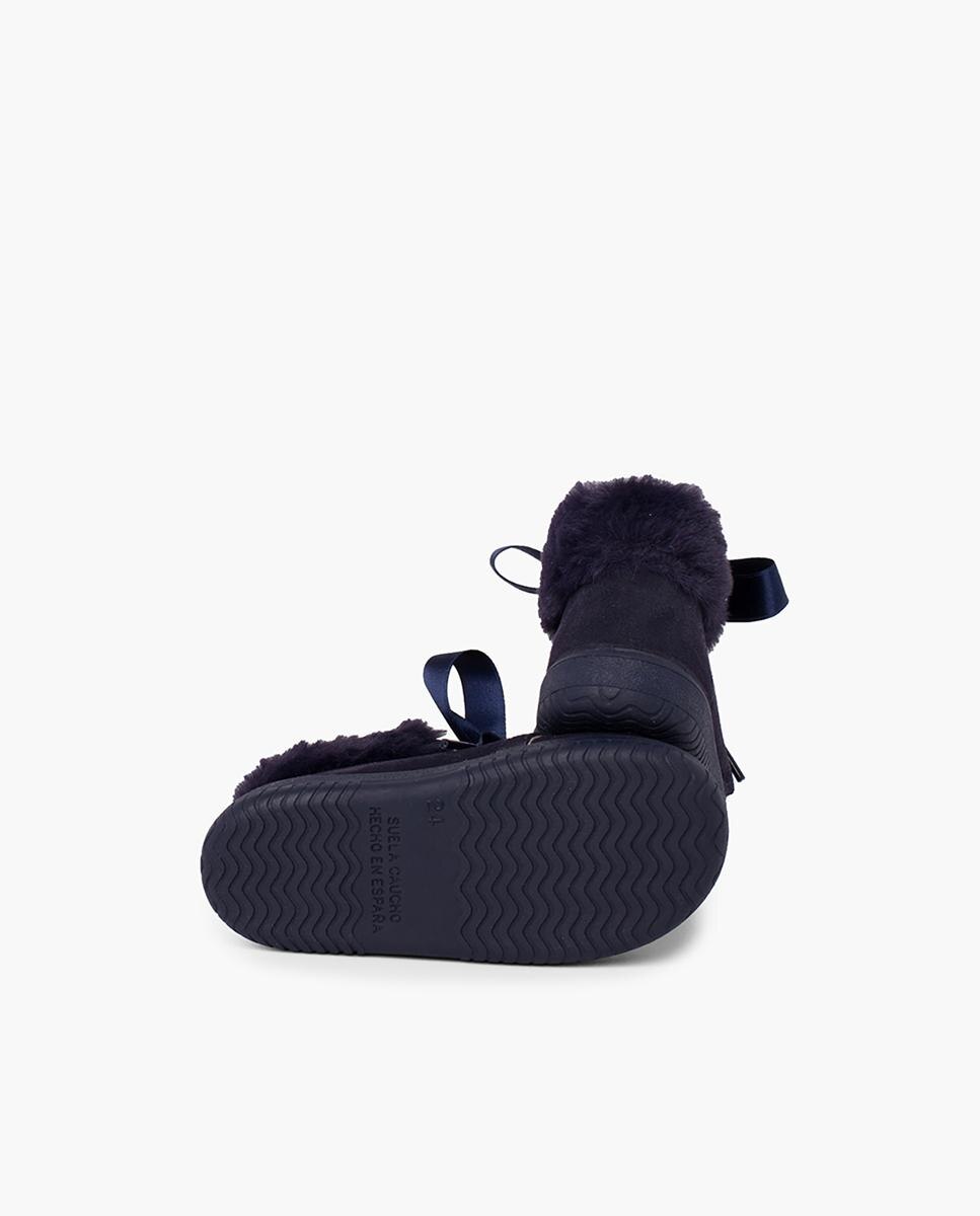 Botas de bebé niña en piel serraje con collarín de pelito - Pisamonas - Azul marino Azul marino-3