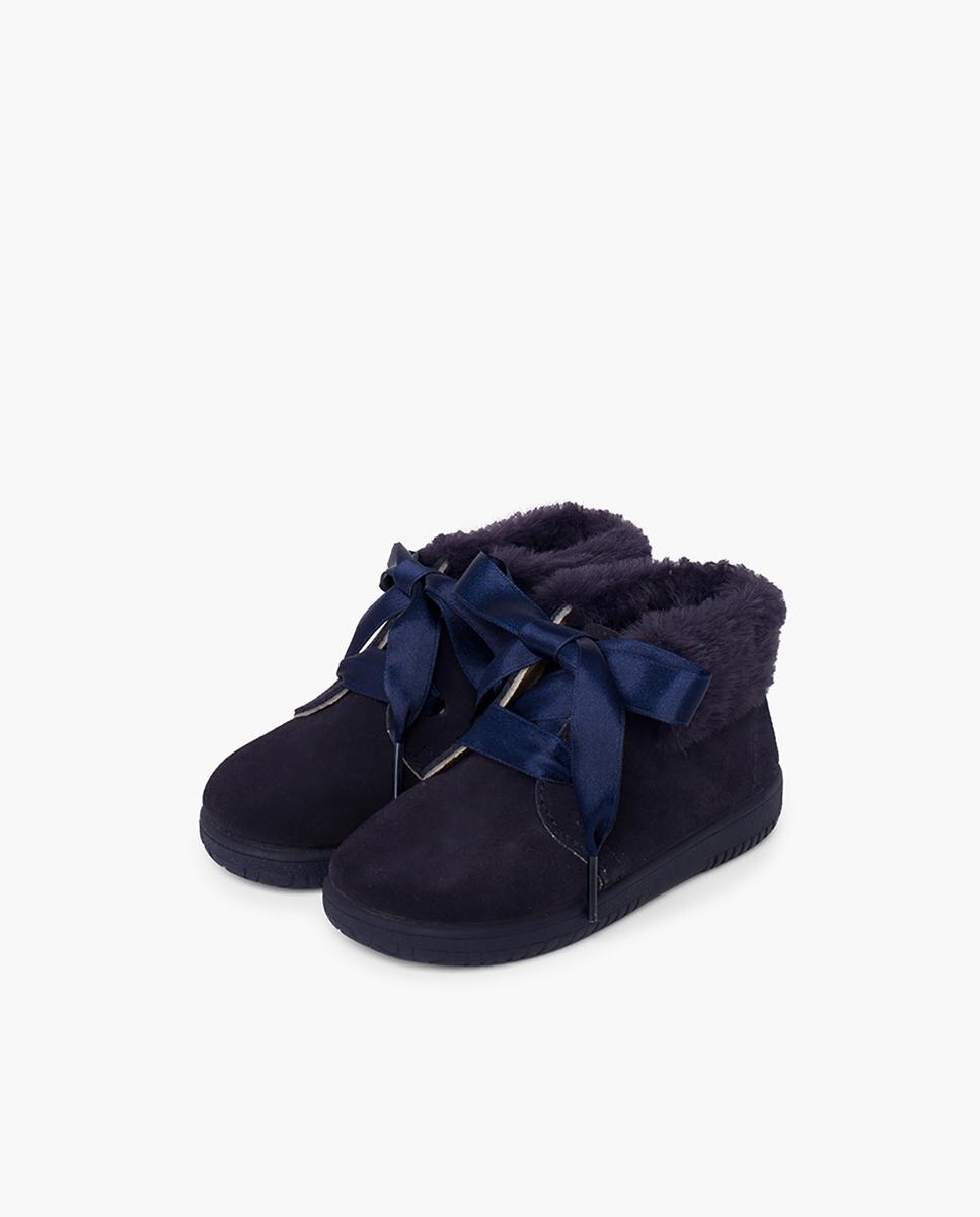 Botas de bebé niña en piel serraje con collarín de pelito - Pisamonas - Azul marino Azul marino-4